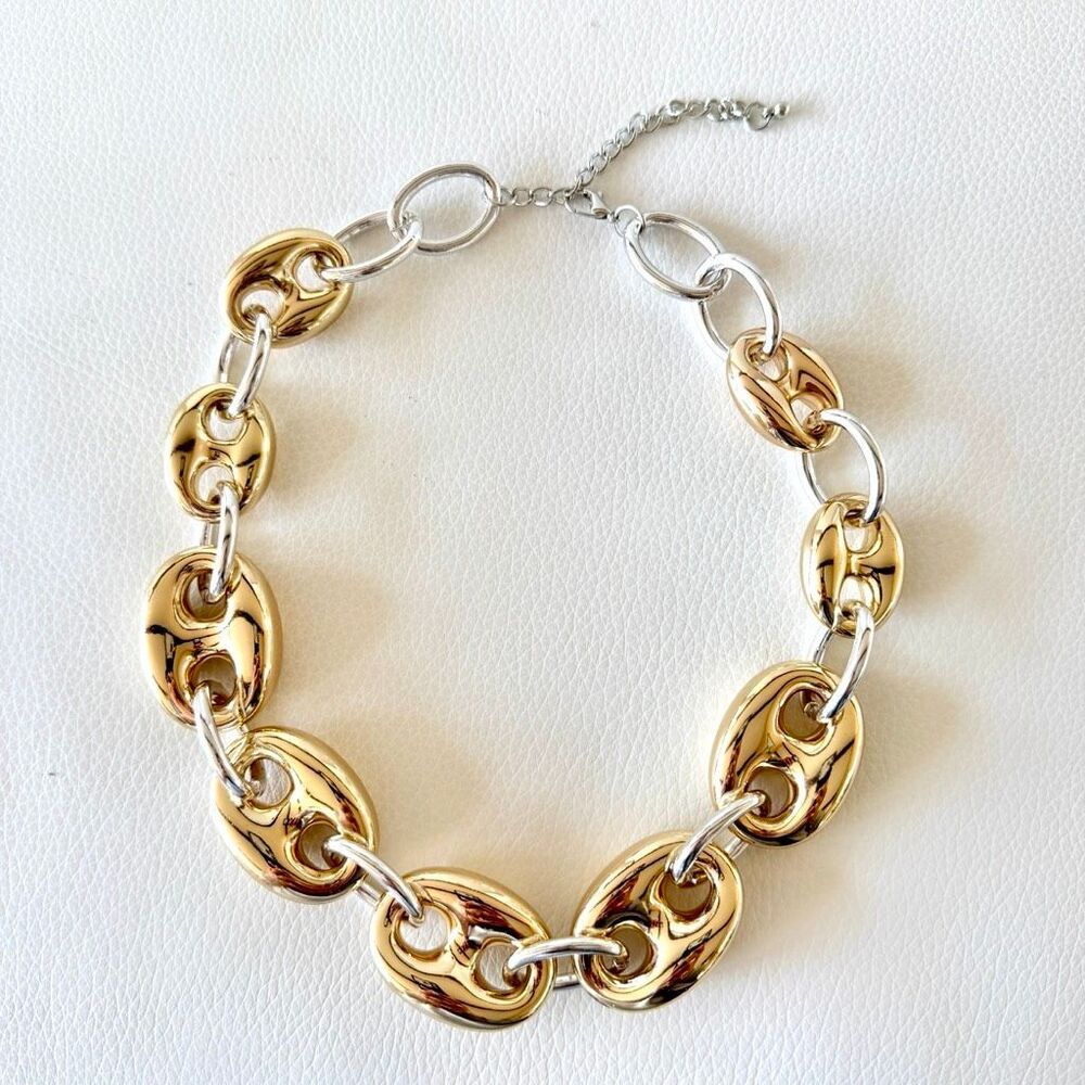 New Gorgeous Camila Coelho Big Puffed Gold Silver Mariner Links Necklace 18”+3” - Picture 3 of 16